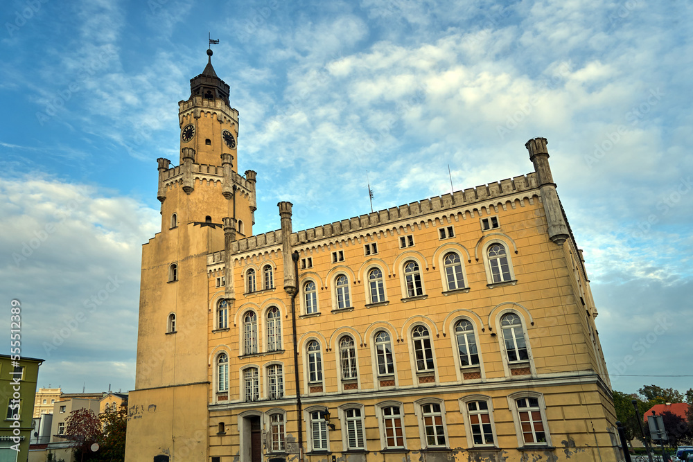 The historic neo-romanesque building of the town hall with a tower in the city of Wschowa