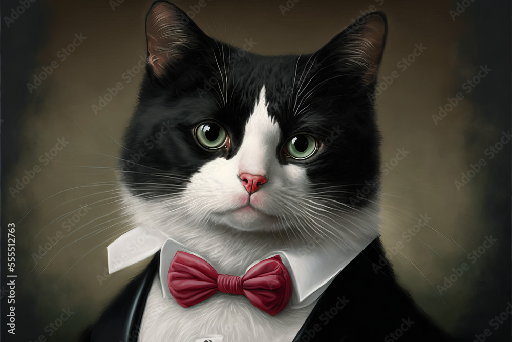Studio Photo Illustration of a Tuxedo black and white cat, wearing a ...