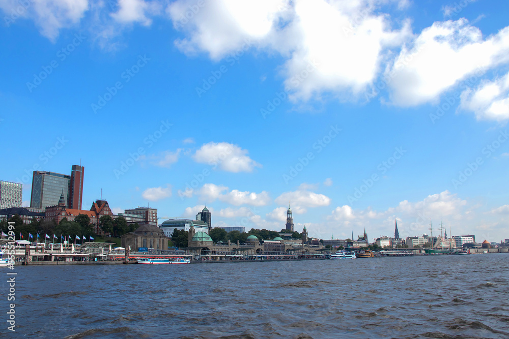 Panoramic view of Hamburg city with the Elbe river, Germany, Europe.