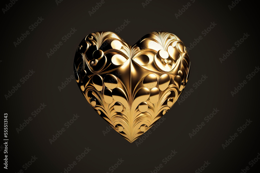 Luxury golden glossy glance metallic heart with floral and geometric ornament on black background