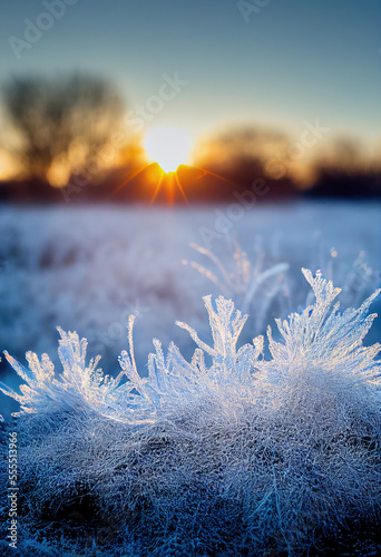Morning photo of frozen leaves covered with frost, hoarfrost grass, bokeh, blurred, November, December