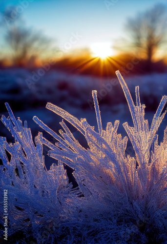 Morning photo of frozen leaves covered with frost, hoarfrost grass, bokeh, blurred, November, December