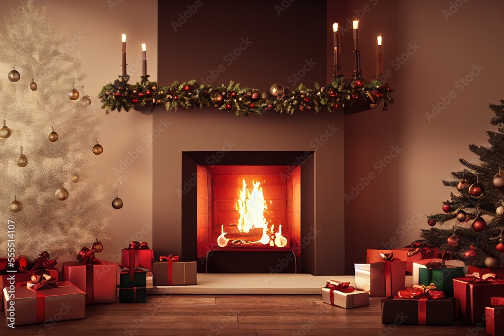Fireplace Decorated for Christmas (Generative AI)