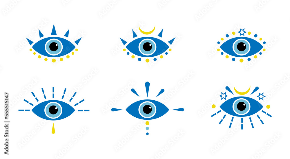 Vector conceptual blue evil eye symbols, talismans, amulets icons set, collection