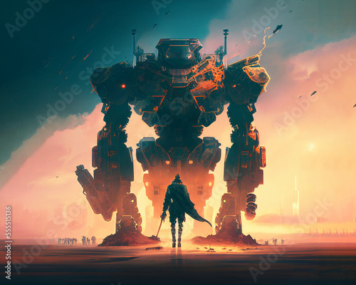 a fighter facing a giant mecha