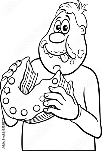 cartoon man gorging on a delicious cake coloring page