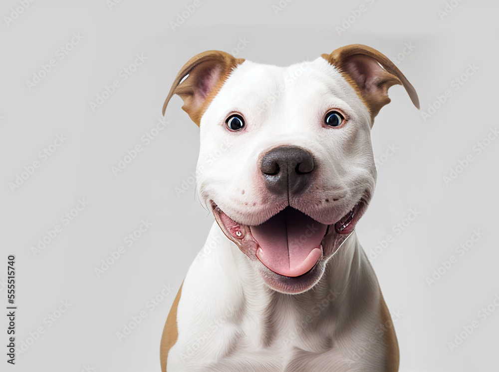 Generative AI - Portrait of a dog ,happy pit bull (staffordshire) on white background, smiling dog
