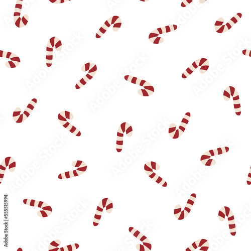 Christmas candy cane seamless pattern with traditional Christmas symbol. Vector hand drawn doodle in simple scandinavian cartoon style. The limited palette is ideal for printing textiles and wrapping