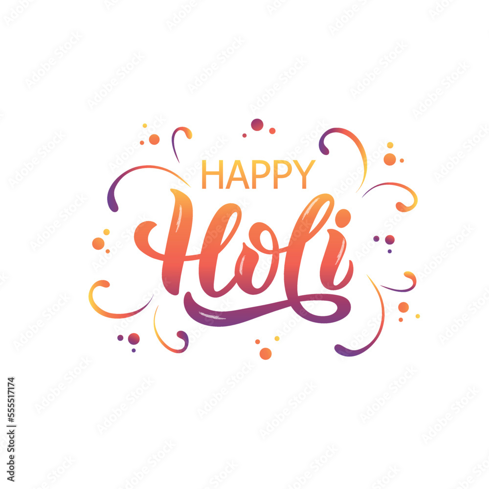 Obraz premium Happy Holi handwritten text. Hand lettering, modern brush ink calligraphy isolated on white background. Indian festival of colors theme. Vector illustration Typography design for greeting card, poster
