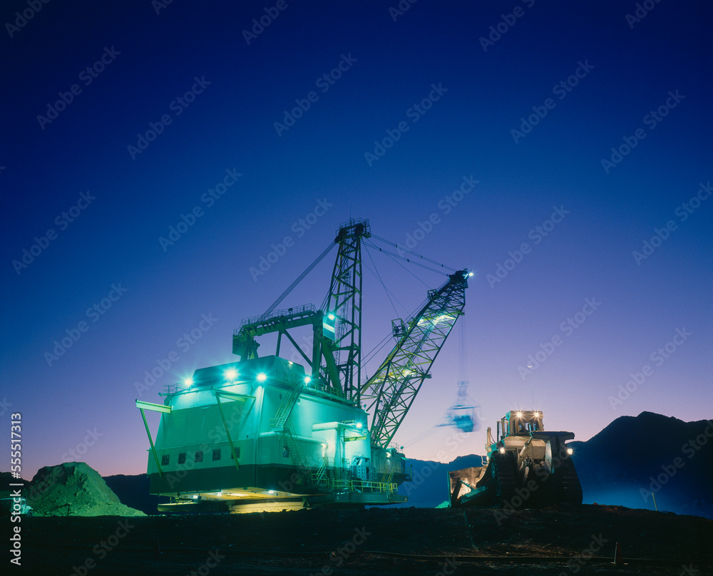 Open Cut Black Coal Mine, Dragline and Bulldozer, Dusk Open Cut Black Coal Mine, Dragline and Bulldozer, Dusk