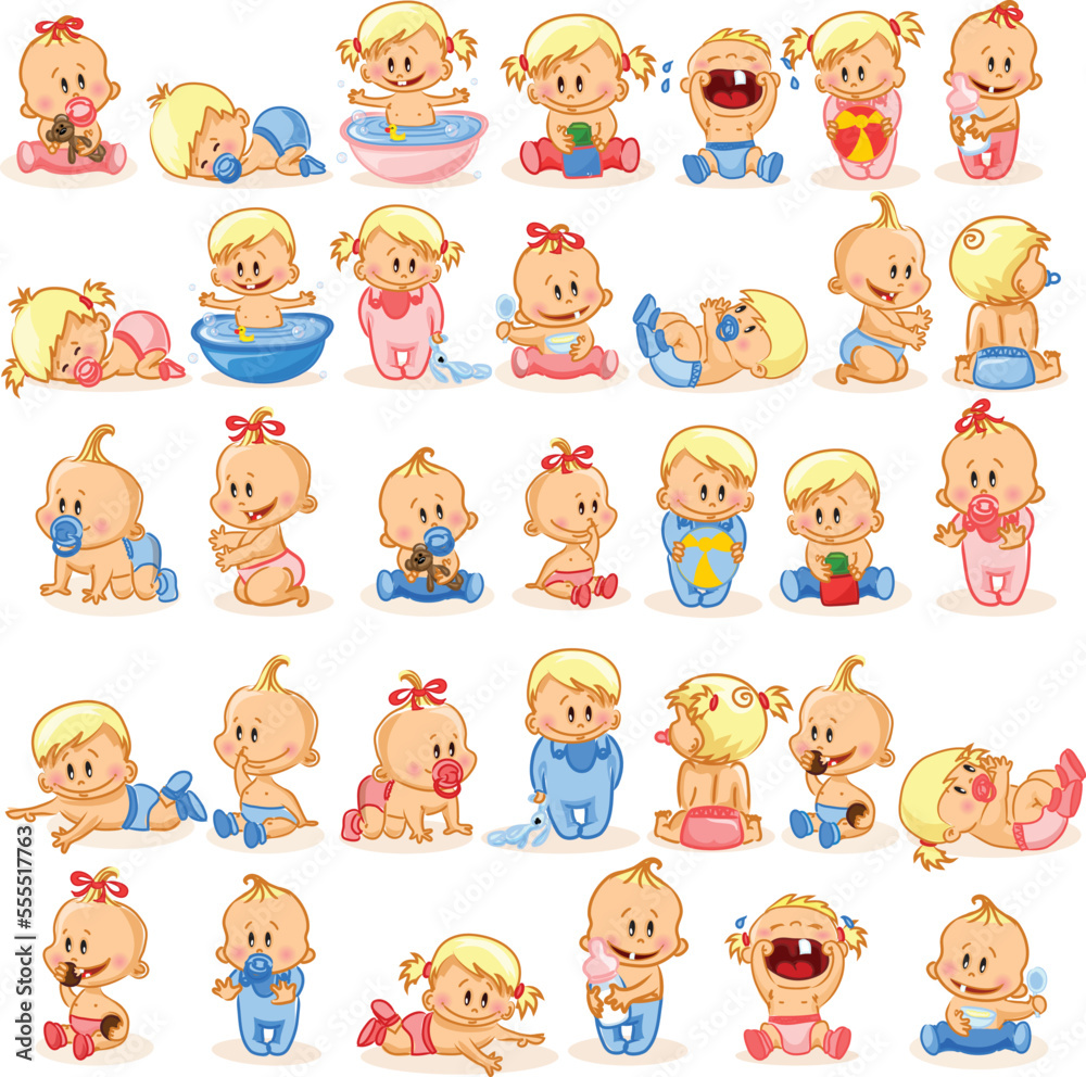 Set with cute little baby in different situations. Playing, sleeping, sitting, lying, crawling baby. Happy smiling newborn boy or girl. Set with cute little baby in different situations. Playing, sleeping, sitting, lying, crawling baby. Happy smiling newborn boy or girl.