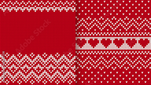Christmas texture print. Set knit seamless pattern. Red knitted frames. Fair isle traditional ornament.