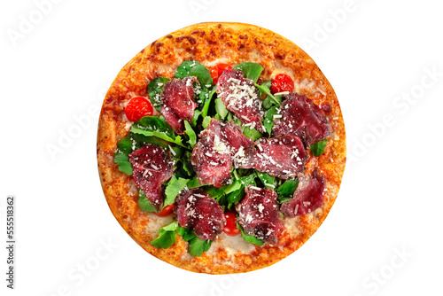 Top view smoked beef pizza with arugula and parmesan cheese