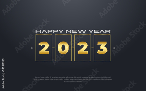New year 2023. Template design concept for 2023 holiday with golden number and dark background.