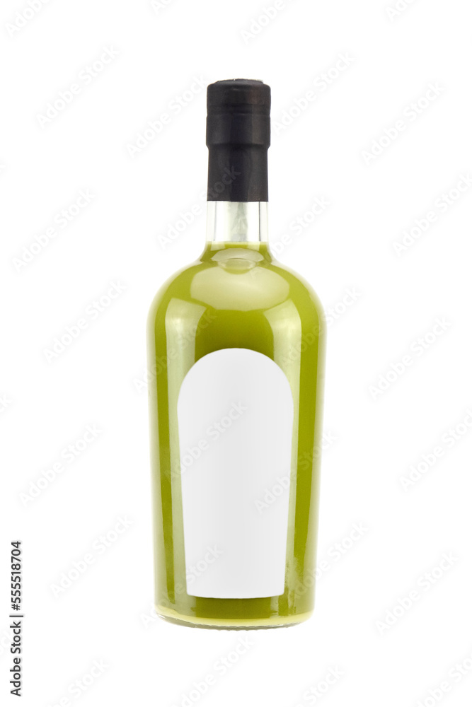 Pistachio Liqueur Cream bottle with blank label isolated on white. Bottle mockup of Sicilian Pistachio Cremoncello. Creamy liqueur with alcohol content Pistachio Liqueur Cream bottle with blank label isolated on white. Bottle mockup of Sicilian Pistachio Cremoncello. Creamy liqueur with alcohol content