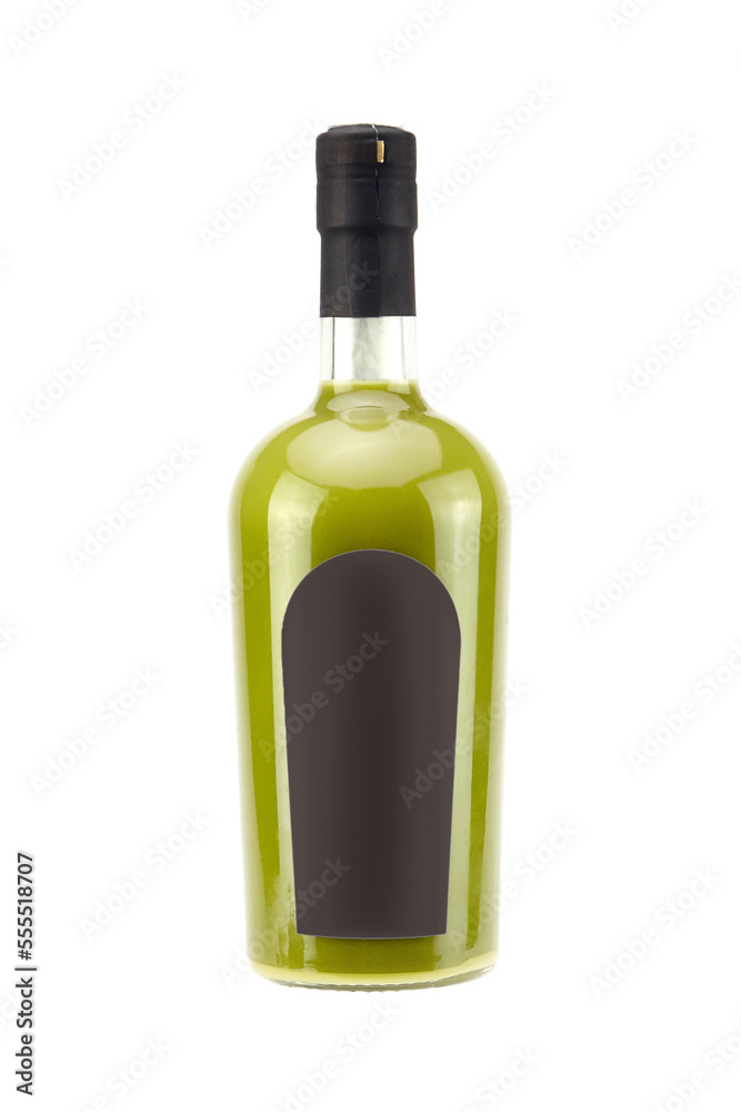 Pistachio Liqueur Cream bottle with blank label isolated on white. Bottle mockup of Sicilian Pistachio Cremoncello. Creamy liqueur with alcohol content Pistachio Liqueur Cream bottle with blank label isolated on white. Bottle mockup of Sicilian Pistachio Cremoncello. Creamy liqueur with alcohol content
