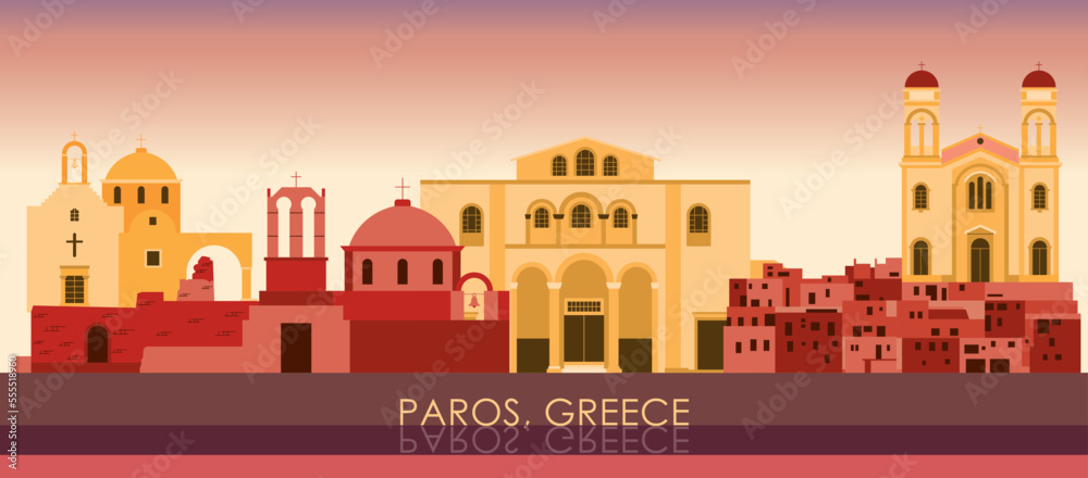 Sunset Skyline panorama of Paros island, Cyclades, Greece - vector illustration