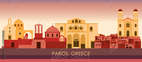 Sunset Skyline panorama of Paros island, Cyclades, Greece - vector illustration