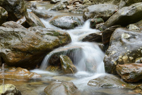 Close-up view of waterfalls in a forest in spring, Bodenmais, Regen District, Bavarian Forest National Park, Bavaria, Germany photo