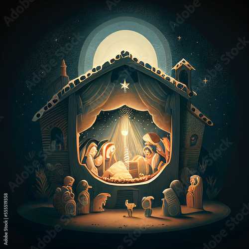Fototapeta Christmas Nativity Scene Birth of Jesus Mary Joseph Manger Bethlehem Stars Moon