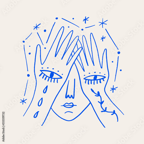 Linear face boho vector artistic abstract modern art, sacred human soul minimalist artisan hand drawn silhouette, mystical spell esoteric aesthetics bohemian hippie logo or label concept 