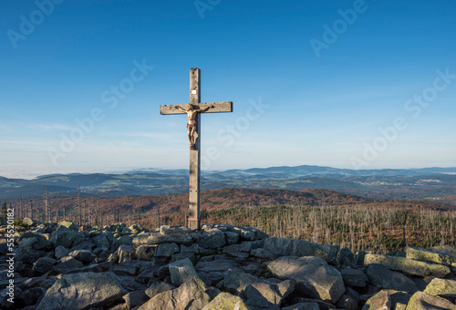Scenic view of a mountain top (Lusen) with crucifix cross at summit, Bavarian Forest National Park, Bavaria, Germany