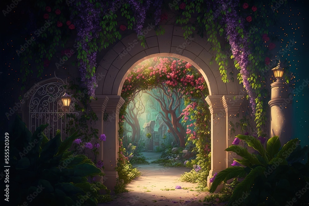 A magical, hidden garden with flower arches and lush vegetation, like one out of a fairy tale. Illustration of a Computer-Generated Painting as a Background Generative AI - obrazy, fototapety, plakaty 