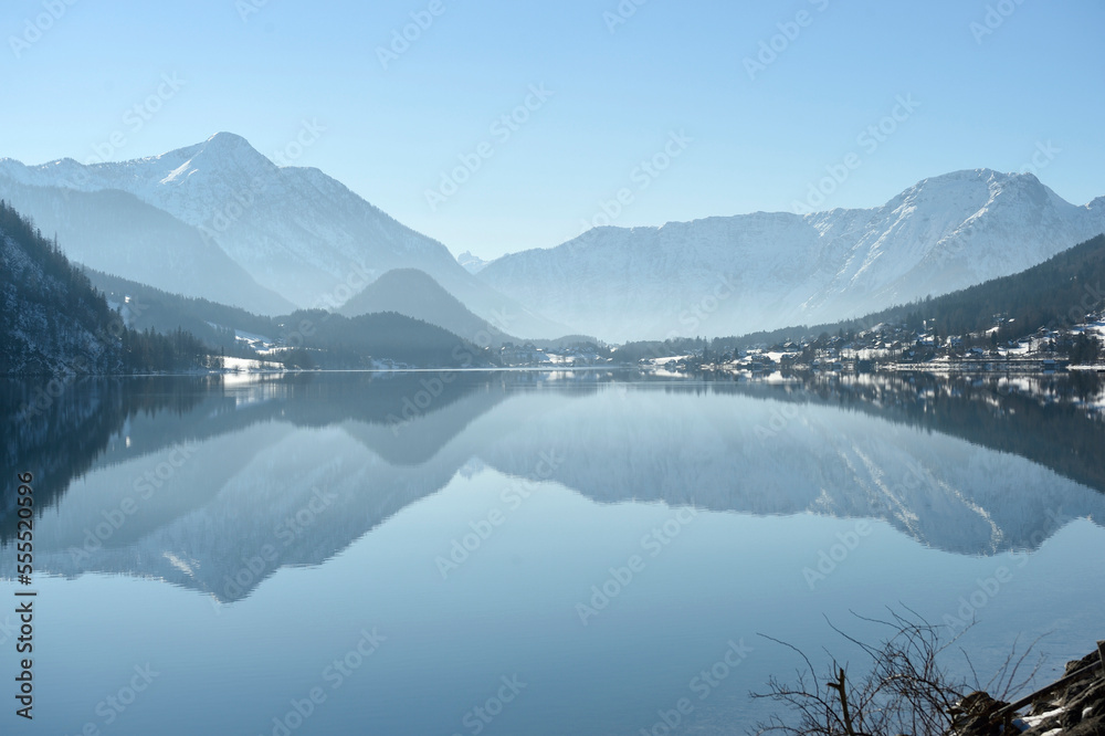 Landscape of Lake Grundlsee on Sunny Day in Winter, Styria, Austria Landscape of Lake Grundlsee on Sunny Day in Winter, Styria, Austria
