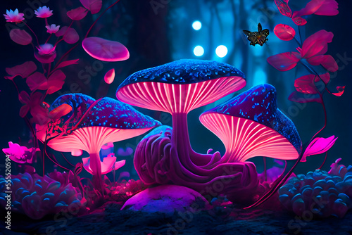 Glowing mushrooms in the night forest. Generative AI.