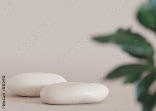 Two stones-podiums with plants on beige background. Elegant stage for product, cosmetic presentation. Natural mock up. Pedestal, platform for beauty products. Spa stone. Display, showcase. 3D render.