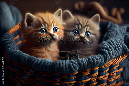 Kittens In A Basket.  Generative AI. © EwaStudio