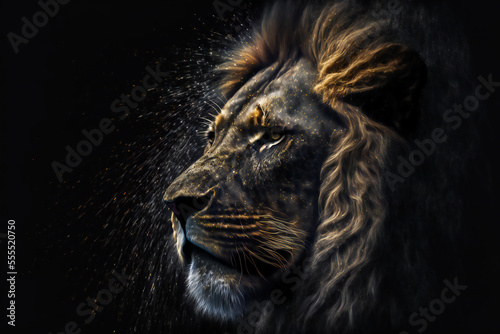 Lion on black background. Image created with Generative AI technology.