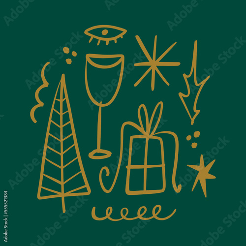 Modern abstract champagne glass tee and gift artistic New Year and Christmas illustration. Scandinavian nordic style artisan Noel postcard
