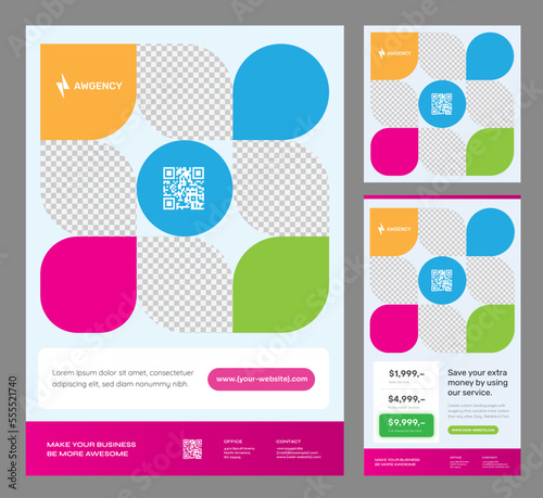 Colorful and decorative Grow Your Business Flyer, banner, social media square and story templates - simple collage with QR codes in the middle