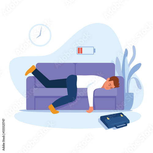 Vector illustration of tired man. Cartoon scene with a man who was tired at work and collapsed on the sofa and fell asleep on white background.