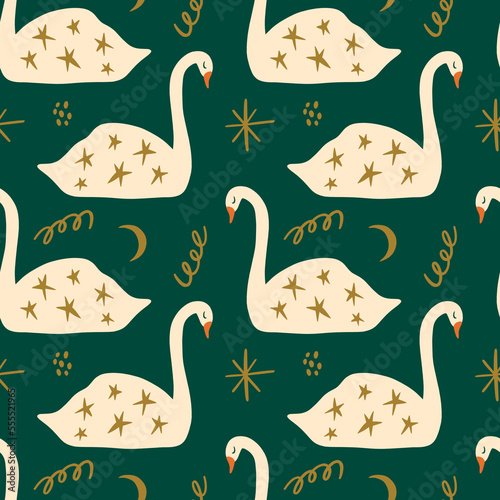 Swans scandinavian nordic style artisan Noel postcard elements seamless pattern background vector