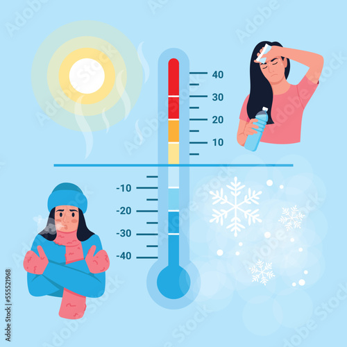 Vector illustration of cold and heat. Cartoon scene with a girl who shows different seasons, let it be cold or hot on the thermometer.