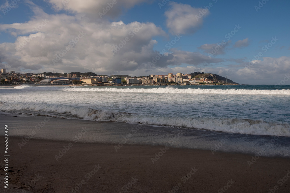 A Coruña, Spain -11/06/2022 : view of Riazor beach on a winter cloudy day