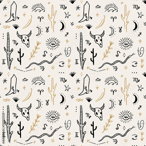 Boho seamless pattern with western desert cartoon ornamental wallpaper. Cowboy boot, bull animal skull, chili pepper, snakes, cacti, arrows, celestial and floral elements collection. Wild west
