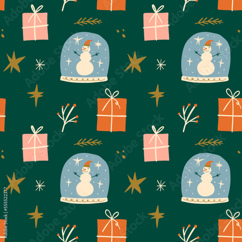 Snowman ball scandinavian nordic style artisan Noel postcard elements seamless pattern background vector