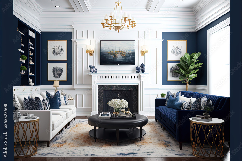Fireplace Navy Blue And White Mock Up