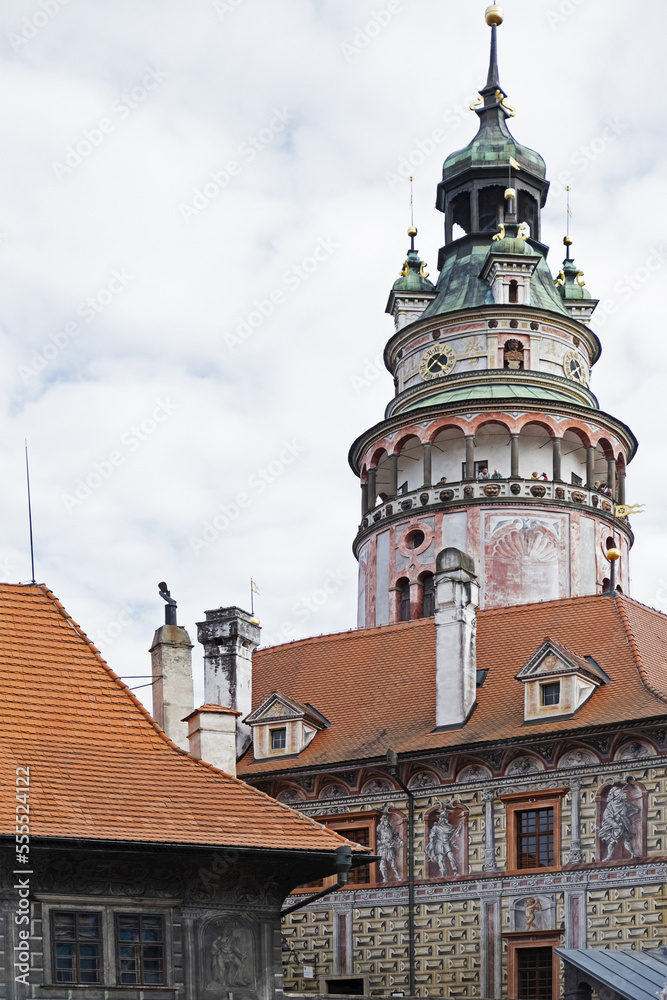 Close-up of tower, Cesky Krumlov Castle, Cesky Krumlov, Czech Republic. Close-up of tower, Cesky Krumlov Castle, Cesky Krumlov, Czech Republic.