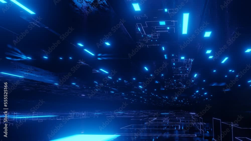 Glow line form pattern like sci-fi hologram. Fly through technology cyberspace with blue neon glow. Sci-fi flight through hi-tech technology tunnel. 3d looped seamless 4k bright background. Data flow