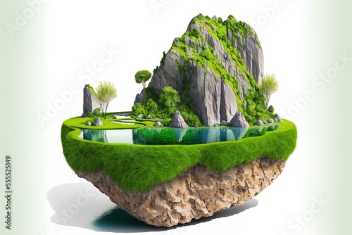 Isolated on a white backdrop is a surreal paradise rock island with a lush green grassy area. Generative AI