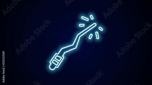 Glowing neon line Magic wand icon isolated on black background. Star shape magic accessory. Magical power. Happy Halloween party. 4K Video motion graphic animation