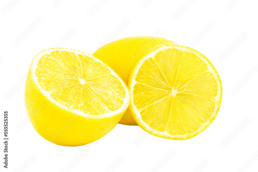 Lemon citrus fruits, whole, half and slice isolated on white background