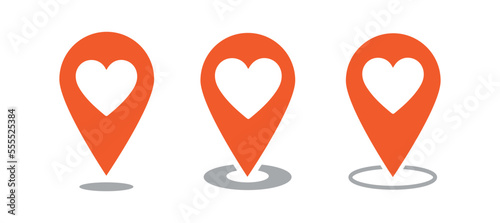 Set icons map pin icon, location pin vector icon, map pointer with heart icon.