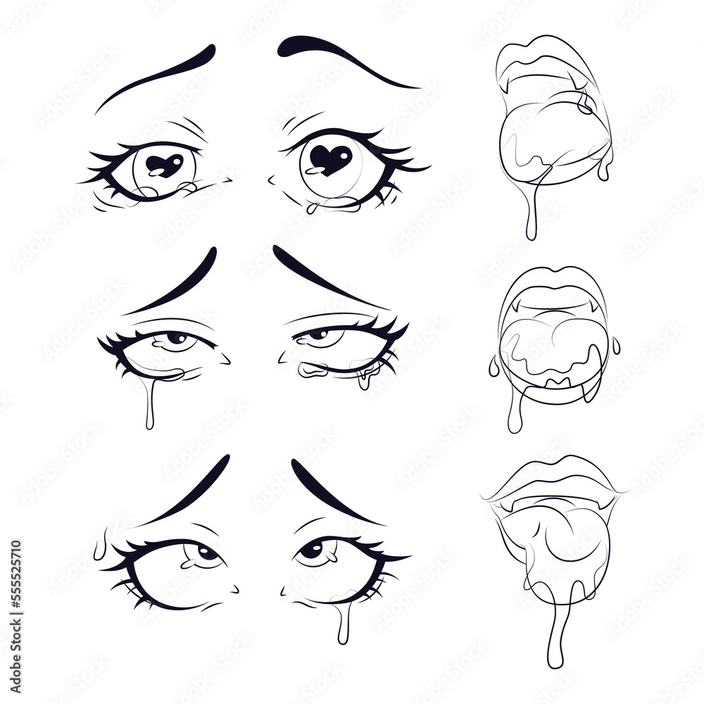 Set anime eyes, anime girl eyes, anime style eyes, mouth in anime style,  open mouth at the anime style, set for Valentines Day Stock Vector