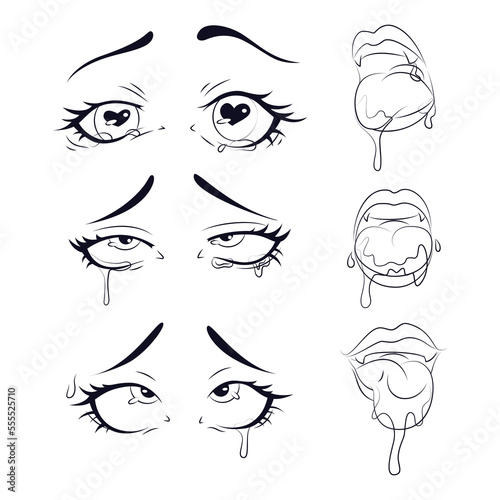 Set anime eyes, anime girl eyes, anime style eyes, mouth in anime style, open mouth at the anime style, set for Valentines Day