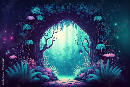 Faerie woodland scenery for your backdrop story. Fantasy-themed 2D wallpaper, poster, card, or backdrop art. Decor ideas for a baby's room. Generative AI